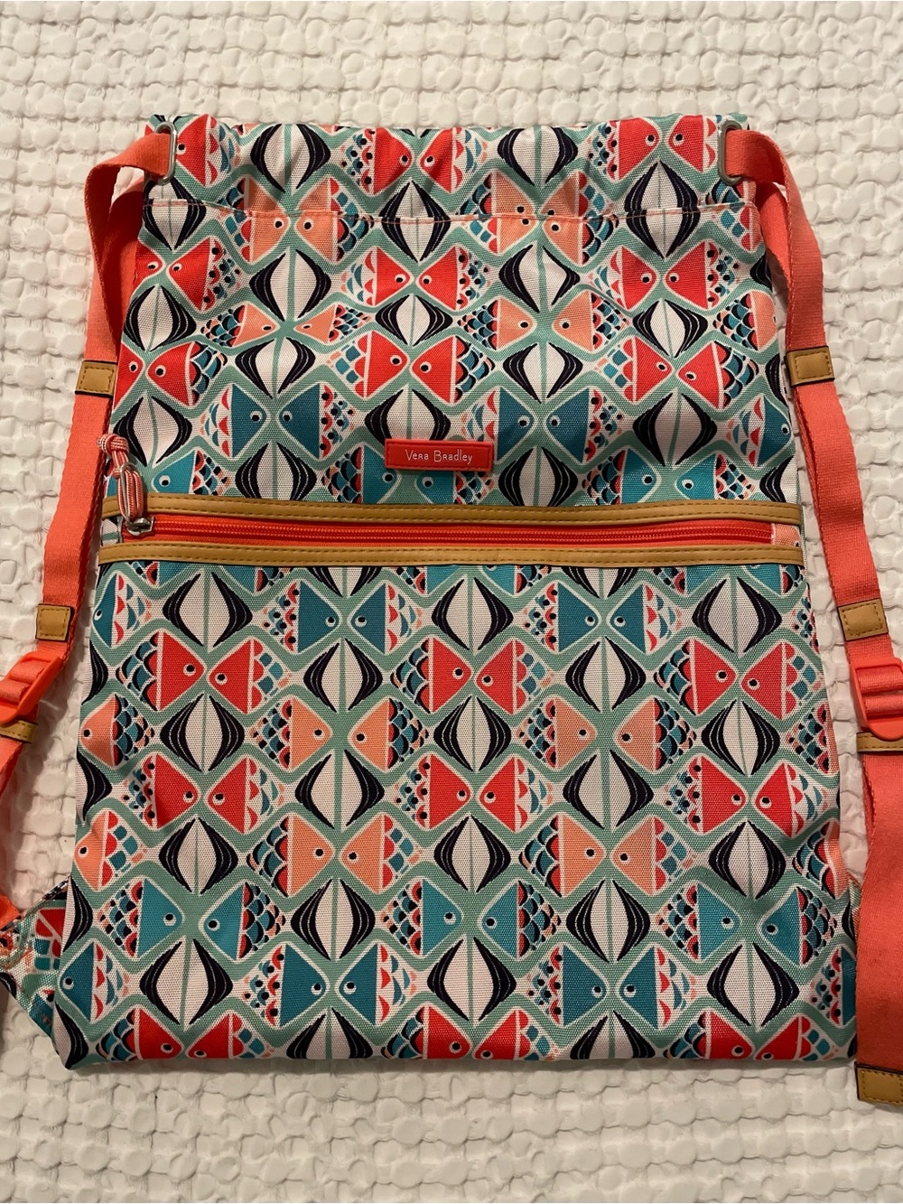 Vera Bradley Backpack Drawstring Go Fish Print Coral, Teal and Blue NWOT